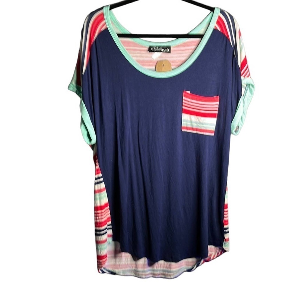 𝅺belush Blue and Striped Print Slouchy Short Sleeve T Shirt Plus Size 3X